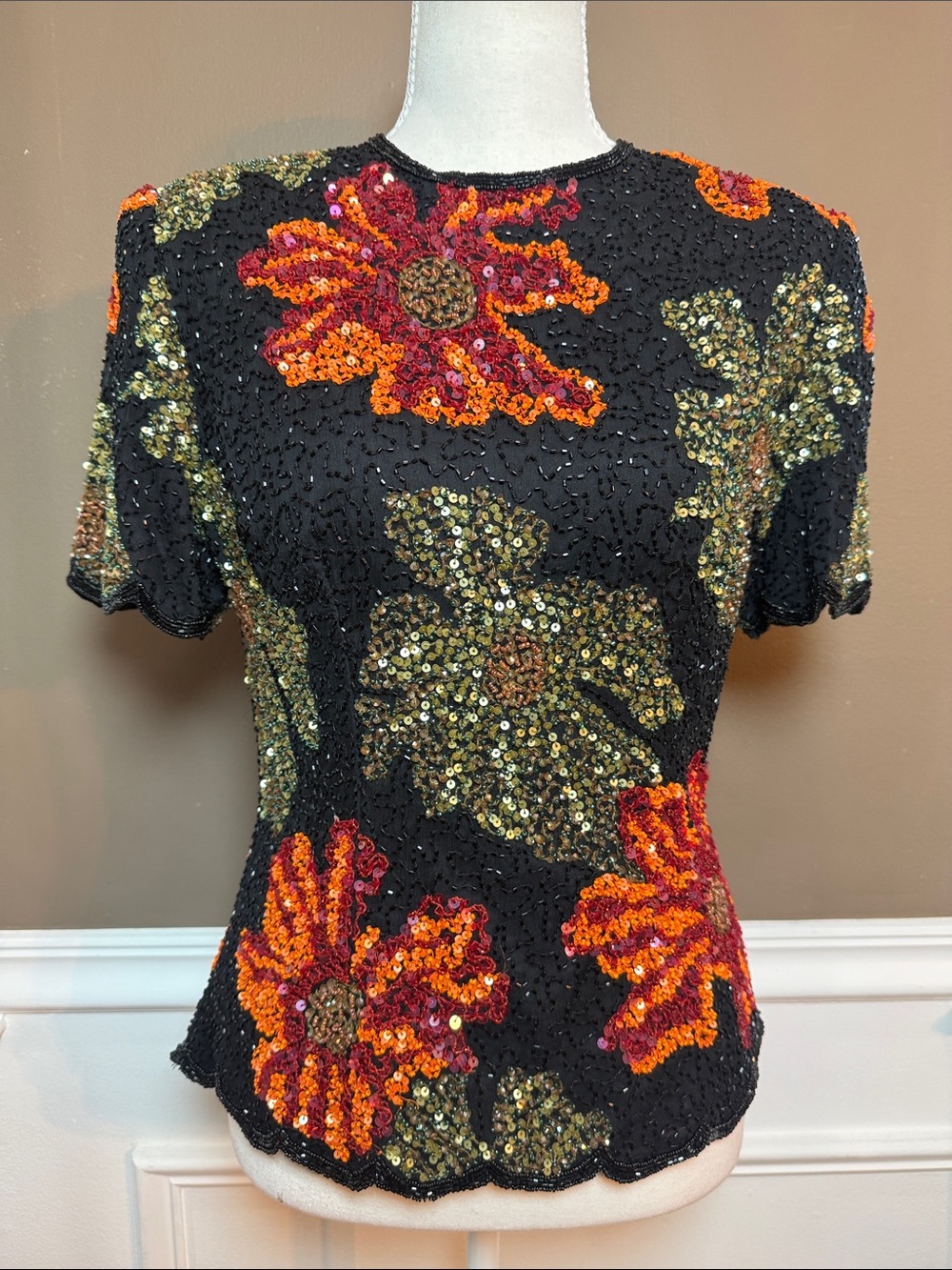 Vintage Silk Beaded Floral Top Black Sequin Scalloped Fitted M
